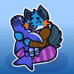 1:1 anthro blahaj blue_background blue_body blue_fur brown_clothing brown_topwear canid canine canis clothing daww dorsal_fin duo eyes_closed fin footwear fur generation_3_pokemon gradient_background happy head_tuft hi_res hug hugging_object hybrid ikea legwear male mammal muzzle_(object) muzzled nintendo orange_gills orange_nose pattern_clothing pattern_legwear plushie pokemon pokemon_(species) red_eyes reefslider scarf simple_background sitting smile socks soda_bottle splatoon stormiehills striped_clothing striped_legwear stripes swampert tail tail_fin topwear tuft wolf xevy