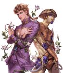  2boys blonde_hair blue_eyes braid closed_mouth commentary_request cowboy_shot crossed_arms giorno_giovanna gold_experience highres jacket jojo_no_kimyou_na_bouken kdash male_focus multiple_boys pants pectoral_cleavage pectorals purple_jacket purple_pants simple_background stand_(jojo) vento_aureo white_background white_lily 