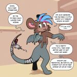 absurd_res anthro back_wings bandage bandaged_tail brown_body brown_fur buckteeth character_transformation claws dragon ear_piercing fur goo_transformation grey_body grey_scales heterochromia hi_res male mammal mask mouse murid murine mythological_creature mythological_scalie mythology nel&#039;zios piercing rodent scales scalie signature simple_background solo speech_bubble teeth transformation trevor-fox trevor_fox_(character) wings yellow_claws