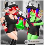  2girls alternate_breast_size_(larger) blush breast_press breasts cosplay dedf1sh dedf1sh_(cosplay) english_text gem green_gemstone highres marie_(splatoon) multiple_girls oc_x_canon original splatoon_(series) themightyemerald 