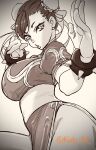  1girl bracelet breasts bun_cover chinese_clothes chun-li commentary_request double_bun earrings fighting_stance greyscale hair_bun highres jewelry kudou_masashi large_breasts monochrome pantyhose puffy_short_sleeves puffy_sleeves sepia short_sleeves solo spiked_bracelet spikes street_fighter street_fighter_ii_(series) twitter_username watermark 