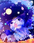  balloon bare_tree bat_(animal) birthday_cake cake cloud cross fisheye food full_moon halloween happy_birthday highres jack-o&#039;-lantern kuromi makoron117117 moon pumpkin sanrio star_(symbol) tree 