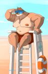  absurd_res anthro beach bottomwear bulge clothed clothing countershading eyewear goggles hi_res lifeguard lutrine male mammal musclegut muscular mustelid nipples seaside shorts silentjay solo topless 