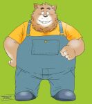  2022 anthro belly big_belly black_nose brown_body canid canine canis clothing green_background kemono male mammal overalls overweight overweight_male shirt simple_background solo topwear toshi_(artist) wolf 