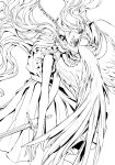  1girl angel_wings bare_arms breasts chain chain_leash collar commentary_request cowboy_shot dress feathered_wings floating_hair frilled_dress frills from_side greyscale highres leash lineart long_hair looking_at_viewer monochrome original parted_bangs parted_lips simple_background sleeveless sleeveless_dress small_breasts smile solo sword teeniika weapon white_background wings 
