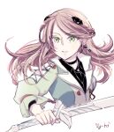  1girl big_head black_choker braid brown_hair choker crown_braid earrings eiyuu_densetsu elaine_auclair floating_hair glint green_eyes holding holding_sword holding_weapon jewelry kuro_no_kiseki_(series) kuro_no_kiseki_ii long_hair long_sleeves mayu_(cocomayura) parted_bangs portrait puffy_long_sleeves puffy_sleeves signature simple_background single_braid solo sword upper_body weapon white_background 