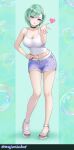  1girl :p absurdres bare_arms bare_legs bare_shoulders black_choker blowing_kiss breasts camisole choker cleavage crop_top dolphin_shorts drawstring earrings full_body green_hair hair_ornament hairclip hand_on_own_hip high_heel_sandals high_heels highres jewelry large_breasts looking_at_viewer midriff mismatched_earrings mole mole_on_breast nail_polish navel pendant_choker purple_eyes purple_shorts red_nails revision ring sandals shirt short_shorts shorts sleeveless sleeveless_shirt solo swept_bangs thighs toenail_polish toenails tongue tongue_out variant_set virtual_youtuber vspo! wajuniorbox white_camisole white_shirt x_hair_ornament yakumo_beni 