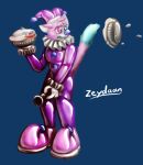 2019 anthro august_(meowmcmeow) biped blue_background blue_body blue_fur blue_nose clothed clothing clown clown_horn clown_nose clown_shoes digital_media_(artwork) domestic_cat felid feline felis food fur hi_res jester latex latex_clothing latex_costume male mammal multicolored_body multicolored_fur pastry pie pink_body pink_fur signature simple_background two_tone_tail white_body white_fur zeydaan_(artist)