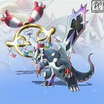  absurdres artist_name baxcalibur blue_claws blue_skin chimecho colored_sclera colored_skin dragon fangs highres ice mega_baxcalibur mega_chimecho mega_pokemon no_humans open_mouth pokemon pokemon_(creature) pokemon_focus rcortezdraws scales skin_fangs smile spines spinosaurus twitter_username v-shaped_eyes wind_chime yellow_eyes yellow_sclera 