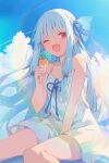  1girl blue_hair blue_ribbon blue_sky blush cloud commentary_request day dress fang food food_on_face hair_between_eyes hair_ribbon hand_between_thighs highres holding ice_cream ice_cream_cone ice_cream_on_face koshka_pic kotonoha_aoi long_hair looking_at_viewer one_eye_closed open_mouth outdoors ribbon sidelocks sitting skin_fang sky sleeveless sleeveless_dress solo twitter_username voiceroid white_dress 