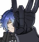  1boy black_gloves blue_hair blurry collared_coat corrupted_twitter_file eyeliner flins_(genshin_impact) genshin_impact gloves hair_between_eyes highres incoming_forehead_flick makeup male_focus red_eyeliner simple_background solo white_background wokkie_here yellow_eyes 