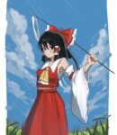  1girl ascot black_eyes black_hair blue_sky bow closed_mouth cloud commentary day detached_sleeves frilled_bow frilled_hair_tubes frills gohei hair_bow hair_tubes hakurei_reimu holding holding_gohei long_hair looking_at_viewer mati100311 outdoors red_bow red_skirt skirt skirt_set sky solo touhou yellow_ascot 