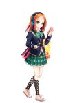  1girl bag bow bowtie brown_eyes brown_hair full_body girlfriend_(kari) green_bow green_bowtie green_skirt hand_in_pocket headphones jacket looking_at_viewer miniskirt official_art otowa_yuri plaid_clothes plaid_skirt pleated_skirt polka_dot polka_dot_socks qp:flapper school_uniform shirt shoes shoulder_bag simple_background skirt sneakers socks solo transparent_background white_shirt 