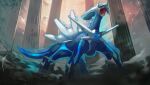  absurdres black_sclera colored_sclera column dialga dragon fangs full_body highres jjfsantos no_humans open_mouth pillar pokemon pokemon_(creature) pokemon_focus red_eyes solo tail 
