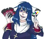  1girl blue_hair breasts card commentary_request cross cross_necklace dress grin holding holding_card jewelry juliet_sleeves long_hair long_sleeves looking_at_viewer medium_breasts necklace open_mouth priest_(ragnarok_online) puffy_sleeves purple_dress purple_eyes ragnarok_online shaded_face simple_background smile solo toriria uno_(game) upper_body white_background 