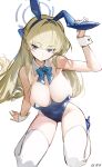  1girl absurdres animal_ears bare_shoulders blonde_hair blue_archive blue_bow blue_bowtie blue_eyes blue_hair blue_halo blue_leotard bow bowtie breasts cleavage commentary_request detached_collar fake_animal_ears halo highres large_breasts leotard long_hair looking_at_viewer mmj official_alternate_costume rabbit_ears simple_background sitting solo thighhighs toki_(blue_archive) toki_(bunny)_(blue_archive) wariza white_background white_thighhighs 