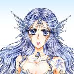  1girl anime_coloring armlet bead_choker bead_necklace beads bikini blue_background blue_bikini blue_eyes blue_gemstone blue_hair blue_scales breasts chinese_commentary choker circlet cleavage collarbone commentary_request eyelashes faux_retro_artstyle fins frilled_bikini frills gem gradient_background hair_beads hair_ornament head_fins highres infinity_nikki jewel_under_eye jewelry landuo941 light_blush lipstick long_hair makeup mermaid monster_girl necklace nikki_(series) parted_lips pink_lips raised_inner_eyebrows sample_watermark sidelocks simple_background snowy_ballad_(infinity_nikki) solo strapless strapless_bikini swimsuit teeth two-tone_background upper_body watermark wavy_hair white_background white_choker 