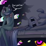 absurd_res amphibian anthro bed bow_tie crossed_legs depression disembodied_eyes duo female frog furniture glitch_productions hi_res jax_(tadc) lagomorph leporid looking_at_another lying lying_on_bed male mammal on_back on_bed pie_cut_eyes rabbit ribbit_(tadc) sad screaming_alice sitting sitting_on_bed smug_grin speech_bubble teasing the_amazing_digital_circus