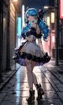  1girl ai-generated blue_eyes dress gloves gwen_(league_of_legends) highres league_of_legends long_hair looking_at_viewer nay_juno night road self-upload simple_background smile solo street 