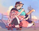  2girls animal_ear_fluff animal_ears aqua_shirt artist_name backwards_hat bare_shoulders baseball_cap black-framed_eyewear black_choker black_hat black_thighhighs blue_sky choker cloud collarbone commentary commission constricted_pupils ears_through_headwear english_commentary fox_ears fox_girl fox_tail glasses hands_on_another&#039;s_shoulders hat highres knees_up long_hair lumi_(sunset_nivaris) miniskirt motion_blur motion_lines multicolored_hair multiple_girls off-shoulder_shirt off_shoulder open_mouth original outdoors pink_eyes pink_hair pleated_skirt rectangular_eyewear red_skirt shaded_face shirt shoes short_hair signature single_thighhigh sitting skateboard skirt sky sleeveless sleeveless_shirt sneakers speed_lines streaked_hair sunset_nivaris t-shirt tail teeth thighhighs tira_(sunset_nivaris) white_shirt wide-eyed yellow_eyes yellow_shoes zettai_ryouiki 