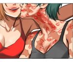  2girls black_tank_top breasts cleavage commentary green_hair highres jujutsu_kaisen kiss kissing_cheek kugisaki_nobara lipstick lipstick_mark lipstick_mark_on_arm lipstick_mark_on_breast lipstick_mark_on_face lipstick_mark_on_neck lumen_sky makeup multiple_girls orange_hair parted_lips red_tank_top scar scar_on_arm scar_on_chest scar_on_face scar_on_neck short_hair smeared_lipstick smile tank_top too_many_lipstick_marks yuri zen'in_maki 