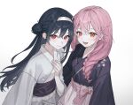  2girls :d black_hair black_kimono black_sash closed_mouth commentary hair_bun hand_up highres japanese_clothes karyln kimono light_blush long_hair long_sleeves looking_at_viewer multiple_girls open_mouth original pink_hair red_eyes sash simple_background smile symbol-only_commentary upper_body white_background white_kimono 