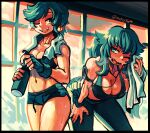  2girls black_border border breasts commentary commission cowboy_shot dolphin_shorts dori_(zeroranger) dusk earbuds earphones earrings english_commentary exhausted fangs green_eyes green_hair green_theme highres holding holding_thermos holding_towel indoors jewelry large_breasts long_hair looking_at_another medium_breasts micro_shorts mido_(zeroranger) mogy64 multiple_girls navel one_eye_closed open_mouth painterly pants short_hair shorts sidelighting smile sphere_earrings sports_bra steaming_body sweat thermos towel towel_around_neck track_pants twitter_username very_sweaty window wiping_forehead zeroranger 