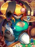  absurd_res anthro beverage big_breasts blonde_hair breasts cleavage clothed clothing furniture hair hi_res hybrid krokobyaka lagomorph legwear leporid mammal membrane_(anatomy) membranous_wings rabbit table text thick_thighs thigh_highs url wings 