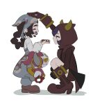  2girls ansha_(pokemon) apron black_hair blush boots braid breasts closed_eyes colored_sclera courtney_(pokemon) cowlick donut dress fake_horns food full_body gloves grin headpat headscarf highres holding holding_donut holding_food hood hood_up hoodie hoopa hoopa_(confined) horned_headwear horned_hood horns ida_(idalol490) long_hair long_sleeves looking_at_another multiple_girls open_mouth pants pokemon pokemon_legends:_z-a pokemon_oras purple_eyes purple_hair red_boots red_hood red_sweater ribbed_dress ribbed_sweater shirt shoes short_hair simple_background smile squatting sweater sweater_dress team_magma team_magma_uniform teeth white_background white_shirt yellow_sclera 