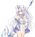  1girl bare_shoulders braid breasts chikubi_(artist) cleavage clothing_cutout covered_nipples cowboy_shot elbow_gloves expressionless game_cg gloves holding holding_polearm holding_weapon kusarou large_breasts large_variant_set leotard long_hair looking_at_viewer magical_girl mahou_shoujo_inori mamiya_inori navel navel_cutout non-web_source official_art one_side_up polearm purple_skirt red_eyes showgirl_skirt skirt solo spear standing thighhighs tiara transparent_background variant_set weapon white_hair white_leotard 