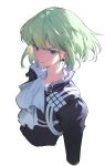  absurdres androgynous ascot bangs black_jacket closed_mouth from_above green_hair highres jacket kurasamerukia lio_fotia long_sleeves male_focus promare purple_eyes short_hair sidelocks simple_background studded upper_body white_ascot white_background 