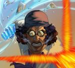  2boys aged_down aokiji_(one_piece) ascot beard_stubble black_hair blue_ascot clenched_hand clenched_teeth commentary devil_fruit_power facial_hair glint hat highres incoming_attack monkey_d._garp multiple_boys one_piece oval_1ce reflection round_eyewear shirt smoke stubble teeth twitter_username white_shirt 