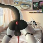 anal anal_masturbation anthro anus anus_focus backsack balls bed bed_sheet bedding bedroom bedroom_sex blinds butt curtains dildo duct_tape electronics flower furniture gaping gaping_anus genitals gh0st_(thatman_23) green_dildo humanoid looking_at_viewer looking_back looking_pleasured machine male masturbation morning morning_sex on_bed penis phone phone_ringing phone_screen plant presenting presenting_anus presenting_balls presenting_hindquarters robot robot_anthro saggy_balls sex_toy shelf solo synth_(vader-san) tape tapering_penis thatman_23 vase