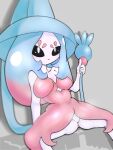  anthro biped blue_body breasts female generation_8_pokemon hatterene hi_res holding_tail nintendo pepper_gomashio pink_body pokemon pokemon_(species) sitting smile solo spread_legs spreading video_games white_body 