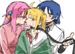  3girls ahoge blonde_hair blue_hair blush bocchi_the_rock! closed_eyes collar collared_shirt cube_hair_ornament dasuper_late girl_sandwich gotoh_hitori green_jacket hair_ornament holding holding_leash ijichi_nijika jacket leash licking licking_another&#039;s_face licking_another&#039;s_lips long_hair multiple_girls open_mouth pink_hair pink_jacket red_eyes sandwiched school_uniform shimokitazawa_high_school_uniform shirt short_hair side_ponytail simple_background smile track_jacket white_background white_shirt yamada_ryo yellow_eyes yuri 