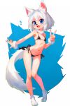  1girl absurdres animal_ear_fluff animal_ears animal_feet animal_nose ass_visible_through_thighs bikini black_bikini blue_eyes breasts fang fox_ears fox_girl fox_tail full_body fur_wrist_cuffs highres leaning_forward legs navel open_mouth original short_hair side-tie_bikini_bottom small_breasts smile solo standing stomach swimsuit tail thighs tsukiyono_aroe v white_hair wrist_cuffs 
