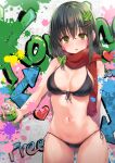  1girl absurdres ass_visible_through_thighs bangs bare_shoulders bikini black_bikini black_hair blush breasts clover clover_hair_ornament cowboy_shot four-leaf_clover front-tie_top graffiti green_eyes hair_between_eyes hair_ornament hairclip highres hitoi holding large_breasts long_hair looking_at_viewer natsume_konoha navel open_mouth original paint_splatter parted_lips red_scarf scarf side-tie_bikini_bottom solo spray_can spray_paint spraying string_bikini swimsuit 