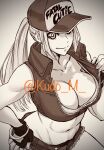  1girl baseball_cap bracelet breasts cleavage commentary_request crop_top fatal_fury fingerless_gloves from_above genderswap genderswap_(mtf) gloves greyscale hand_on_own_hip hat hat_over_one_eye highres jewelry kudou_masashi large_breasts micro_shorts monochrome navel ponytail sepia shorts smile snk_heroines:_tag_team_frenzy solo terry_bogard the_king_of_fighters upper_body 