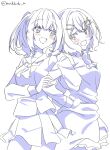  2girls :d amaori_haruna amaori_renako arm_hug ashigaya_high_school_uniform blush bow bowtie clothes_around_waist cowboy_shot hair_ornament hairclip highres kaneko_misaki lineart long_sleeves monochrome multiple_girls neckerchief open_mouth pleated_skirt ponytail school_uniform serafuku short_hair siblings signature sisters skirt small_sweatdrop smile sweater sweater_around_waist twitter_username watashi_ga_koibito_ni_nareru_wake_naijan_murimuri! x_hair_ornament 