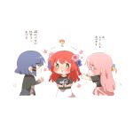  3girls :d ? black_shirt blue_eyes blue_hair blue_ribbon blush bocchi_the_rock! bright_pupils chibi chibi_only commentary_request cropped_legs cube_hair_ornament flying_sweatdrops gotoh_hitori hair_ornament hair_ribbon kessoku_band_t-shirt kita_ikuyo long_hair multiple_girls no_mouth open_mouth pink_hair pink_ribbon rebecca_(keinelove) red_hair ribbon shirt short_hair simple_background smile t-shirt translation_request white_background white_pupils yamada_ryo yellow_eyes 