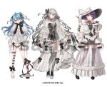  3girls ahoge ankle_bow arm_at_side back_bow bare_shoulders black_boots black_bow black_gloves black_ribbon black_shoes black_shorts black_thighhighs black_tube_top blue_hair blunt_bangs boots bow brooch center-flap_bangs clothing_cutout copyright_notice cross-laced_clothes cross-laced_gloves cross-laced_top detached_leggings double_bun dress dress_bow dress_ribbon elbow_gloves footwear_bow frilled_dress frilled_garter frilled_sleeves frills full_body garter_straps gem gloves gradient_hair grey_eyes grey_hair hair_between_eyes hair_bow hair_bun hair_ribbon hand_to_own_mouth hands_on_own_cheeks hands_on_own_face hat hat_bow high_heel_boots high_heels jewelry lace-up_boots layered_dress leg_ribbon leggings lineup long_dress long_hair long_hair_between_eyes long_sleeves looking_at_viewer midriff_peek mole mole_under_eye mole_under_mouth multicolored_hair multicolored_shoes multiple_girls nail_polish nanase_suzuna naruka_(ynarukay) neck_ribbon nijisanji o-ring o-ring_thigh_strap official_alternate_costume official_art orange_nails pencil_dress platform_boots puffy_short_sleeves puffy_sleeves purple_hair red_gemstone ribbon sample_watermark see-through_clothes see-through_dress see-through_sleeves shoes short_dress short_hair short_sleeves shorts shoulder_cutout simple_background single_detached_legging skirt_hold sleeve_bow sleeve_ribbon sophia_valentine standing strapless tamanoi_nana thigh_boots thigh_strap thighhighs tube_top two-sided_fabric two-sided_headwear two-tone_shoes two_side_up veil very_long_hair virtual_youtuber waist_ribbon watermark white_background white_dress white_hat white_leggings white_shoes white_veil yellow_eyes 