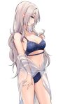  1girl blue_bra blue_eyes blue_panties bra grey_hair highres holding holding_own_hair long_hair looking_at_viewer original panties partially_unbuttoned ry_thae sanyu_(ry_thae) see-through_clothes shirt solo underwear white_background 