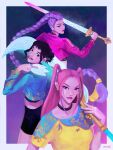  3girls black_choker black_hair black_shorts blue_jacket braid braided_ponytail choker cropped_jacket double_bun freckles glint hair_bun highres holding holding_weapon imvec jacket jewelry kpop_demon_hunters long_hair looking_back mira_(kpop_demon_hunters) multiple_girls pink_hair pink_jacket purple_hair ring rumi_(kpop_demon_hunters) shirt shorts sidelocks smile t-shirt twintails weapon zoey_(kpop_demon_hunters) 