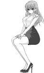  1girl breasts ear_piercing high_heels highres invisible_chair kurachi_chihiro long_hair miniskirt monochrome original pencil_skirt piercing simple_background sitting skirt solo v_arms 