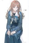  1girl bang_dream! bang_dream!_it&#039;s_mygo!!!!! blue_shirt blue_skirt brown_hair chinese_commentary commentary_request doveop grey_neckerchief highres invisible_chair long_hair long_sleeves looking_at_viewer nagasaki_soyo neckerchief purple_eyes school_uniform shirt sidelocks simple_background sitting skirt solo tsukinomori_school_uniform white_background 