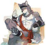  1boy abs animal_ears bara bead_bracelet bead_necklace beads black_headband blush bracelet chinese_commentary claws closed_mouth commentary_request crossed_legs cycliccyan erection foreskin furry furry_male headband highres jewelry looking_at_viewer male_focus muscular muscular_male necklace nipples pawpads pectorals penis sauna sitting sweat tail threefold_recital triratna_(threefold_recital) wolf_boy wolf_ears wolf_tail 