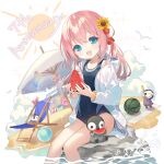  1girl adelina_blue aqua_eyes beach bird chair flower food fruit hair_flower hair_ornament holding holding_food hood hooded_jacket jacket long_hair low_twintails one-piece_swimsuit parasol penguin pink_hair rock seagull sidelocks sitting sitting_on_object sun sunflower swimsuit twintails uchi_no_hime-sama_ga_ichiban_kawaii umbrella water watermelon white_hood white_jacket yamiya_(8_18dlq) 