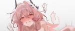  1girl absurdres arknights blush closed_mouth commentary fang hair_between_eyes hair_ornament highres horns long_hair long_hair_between_eyes open_mouth out-of-frame_censoring paid_reward_available pink_eyes pink_hair sex simple_background tearing_up theresa_(arknights) uof white_background 