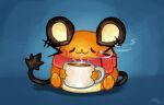  :3 animal_focus blue_background blush closed_eyes closed_mouth cup dedenne highres holding holding_cup hot_chocolate imazartz no_humans pokemon pokemon_(creature) pokemon_focus red_scarf scarf simple_background smile tail whiskers 