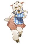  1girl animal_feet apron aya_(arioriak) bell blue_apron blush_stickers body_fur braid commission cowbell full_body furry furry_female goat_girl highres hooves horizontal_pupils horns long_hair looking_at_viewer neck_bell original plaid_apron plaid_clothes simple_background skirt solo twin_braids white_background white_fur white_hair yellow_eyes 